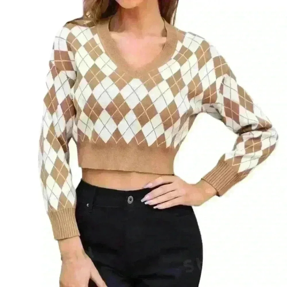 Juniors Shein Khaki Argyle Pattern Long Sleeve V Neck Cropped Top Size Small